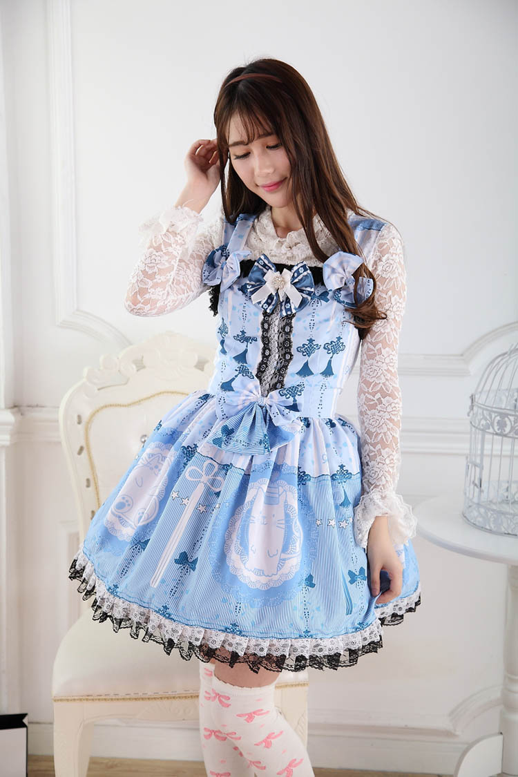 Sweet Lace Blue Princess Blue Cat Print Sling Straps Sweet Lolita Dress JSK
