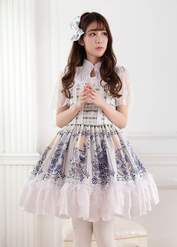 Retro Lace Princess Ladies Flounced Pleated Print Lolita Dress JSK