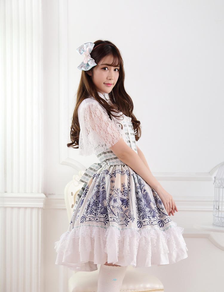 Retro Lace Princess Ladies Flounced Pleated Print Lolita Dress JSK