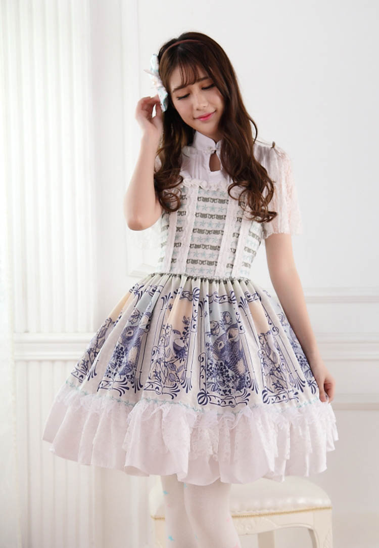 Retro Lace Princess Ladies Flounced Pleated Print Lolita Dress JSK