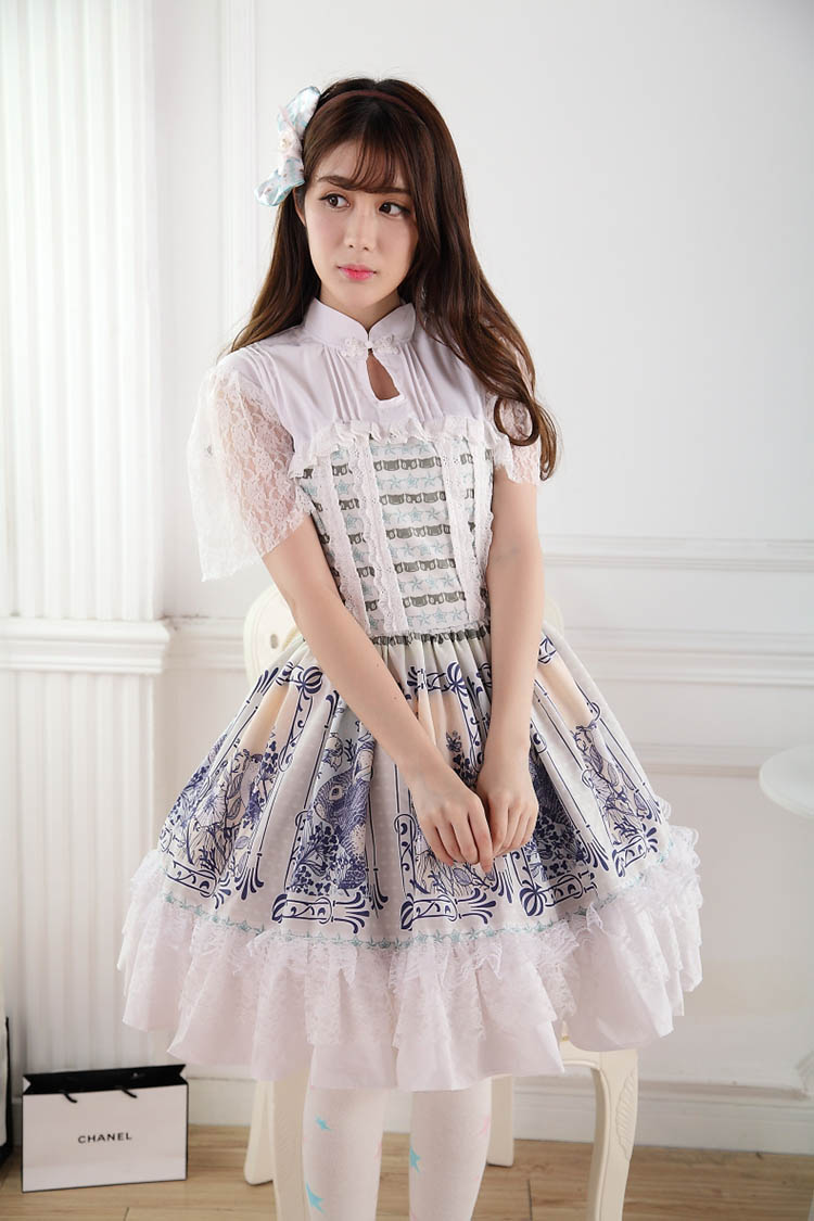 Retro Lace Princess Ladies Flounced Pleated Print Lolita Dress JSK