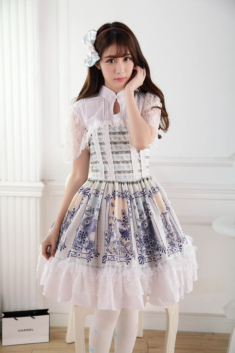 Retro Lace Princess Ladies Flounced Pleated Print Lolita Dress JSK