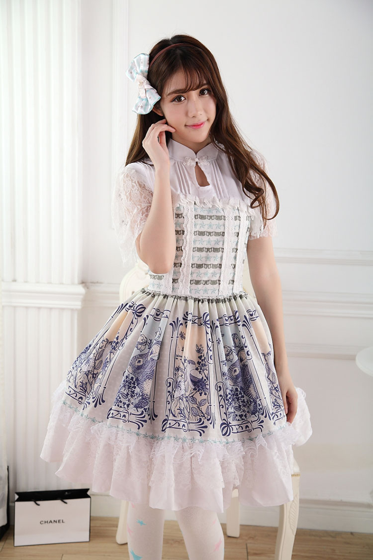 Retro Lace Princess Ladies Flounced Pleated Print Lolita Dress JSK