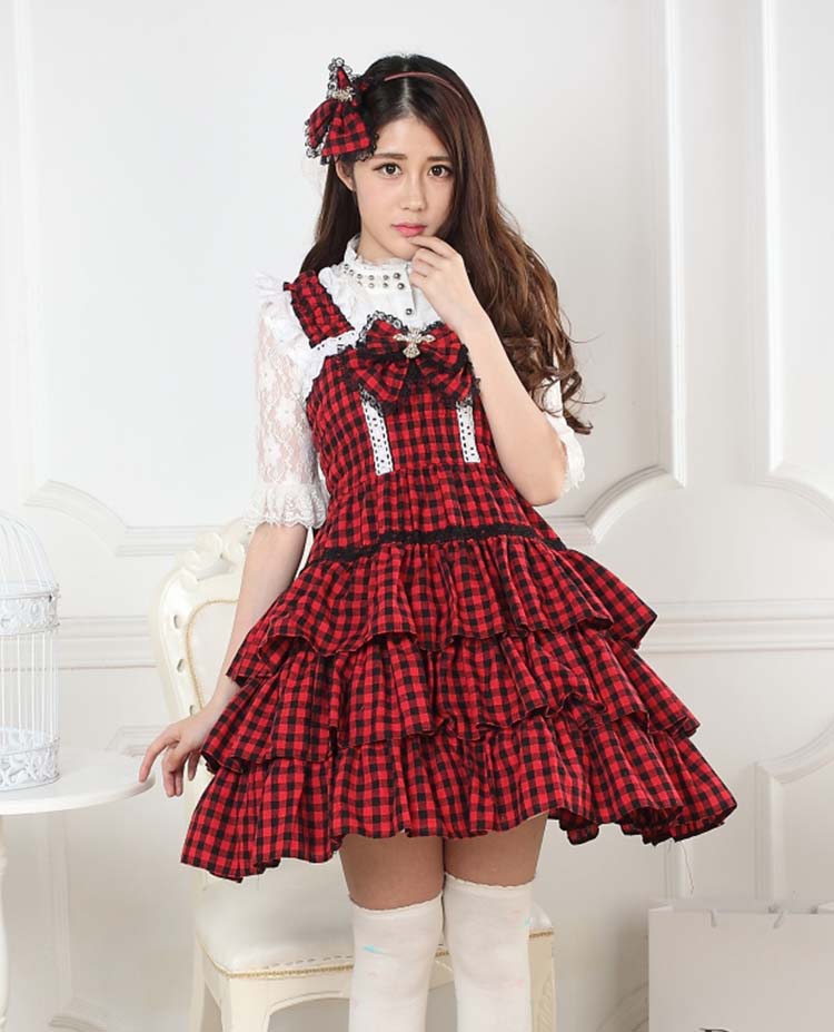 Sweet Lace Black & Red Plaid Print Golden Cross Cake Sweet Lolita Dress JSK