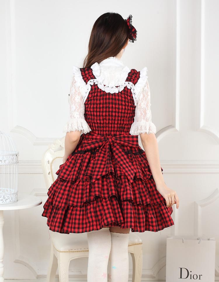 Sweet Lace Black & Red Plaid Print Golden Cross Cake Sweet Lolita Dress JSK