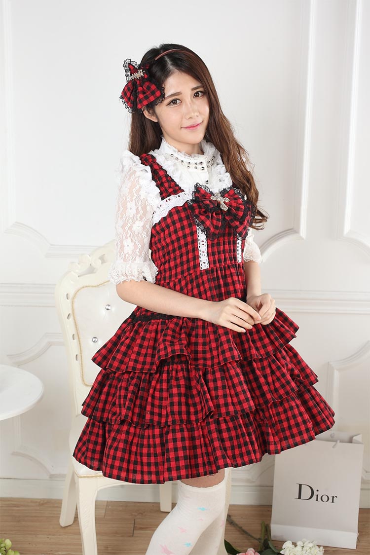 Sweet Lace Black & Red Plaid Print Golden Cross Cake Sweet Lolita Dress JSK