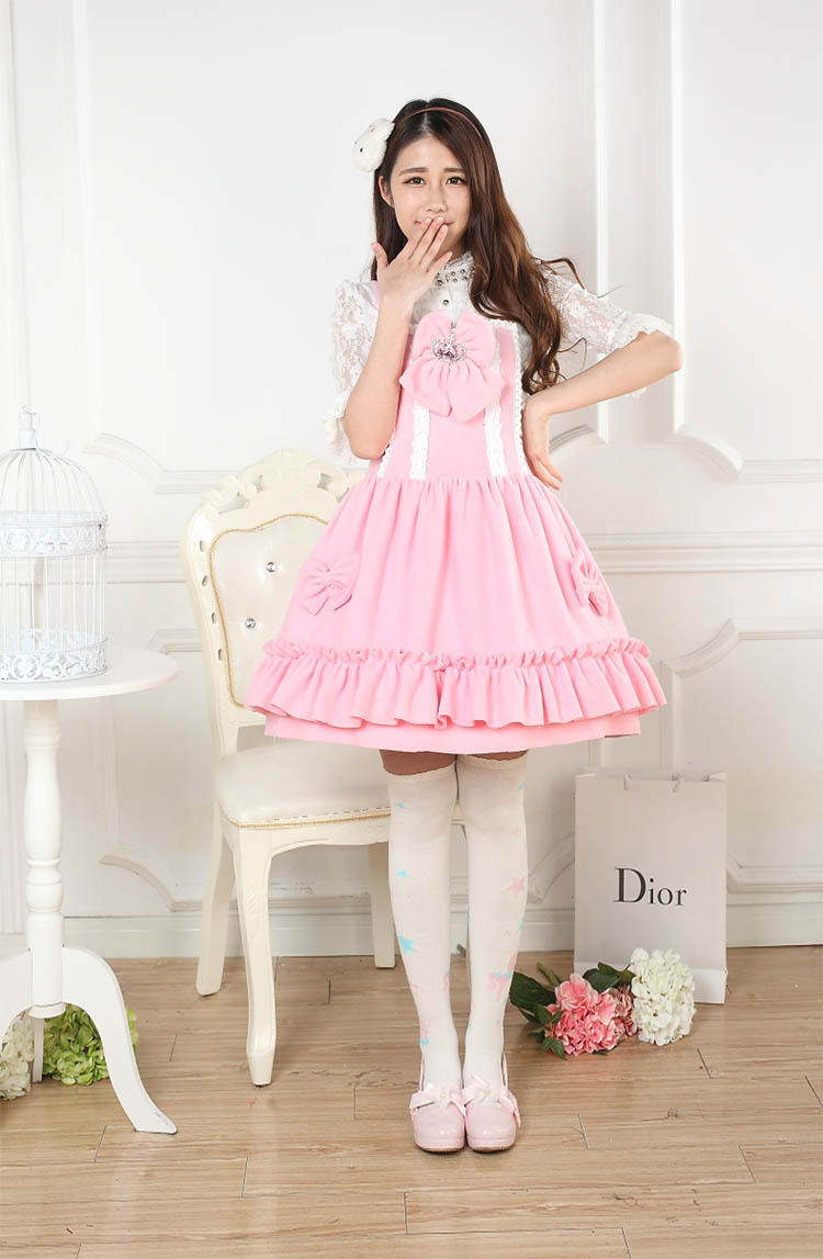 Sweet Lace Princess Strap Pink Velvet Autumn & Winter Sweet Lolita Dress JSK
