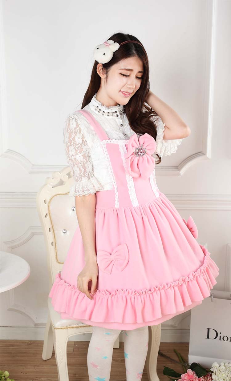 Sweet Lace Princess Strap Pink Velvet Autumn & Winter Sweet Lolita Dress JSK