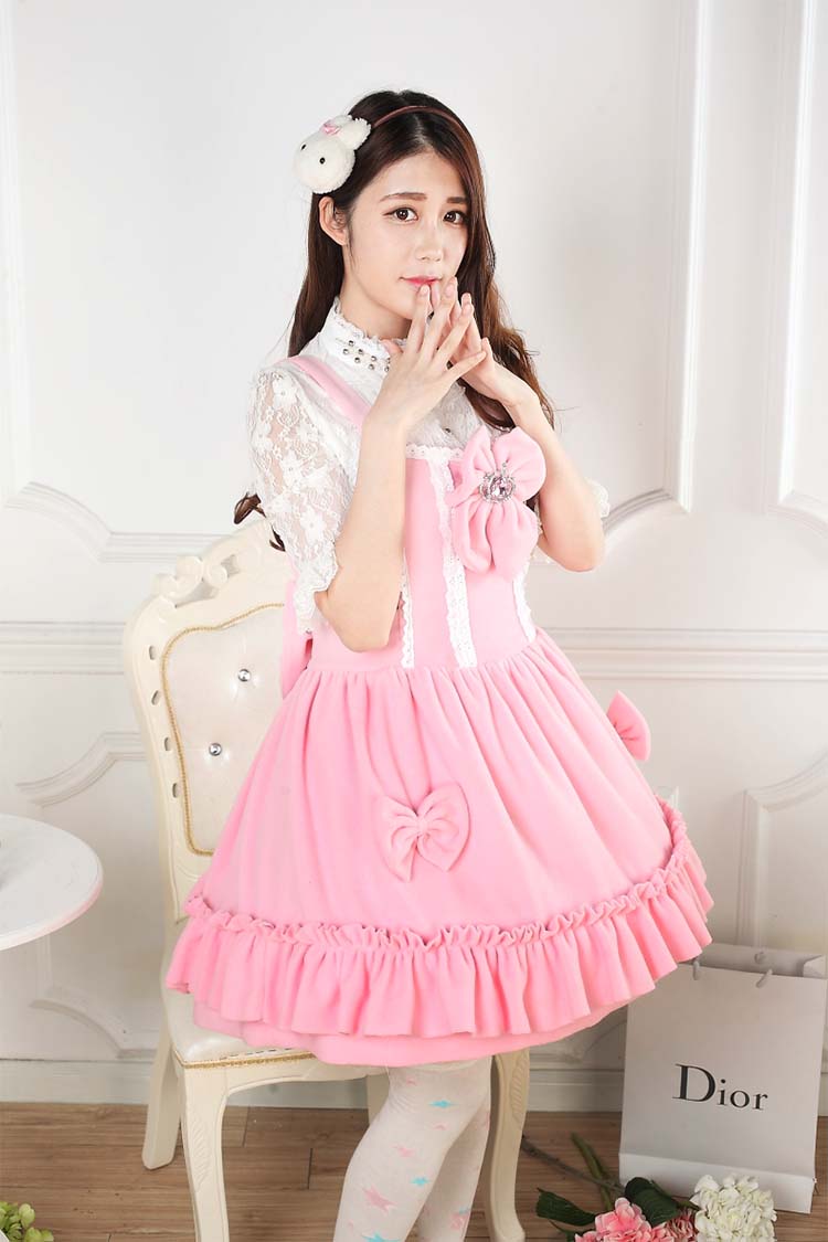 Sweet Lace Princess Strap Pink Velvet Autumn & Winter Sweet Lolita Dress JSK