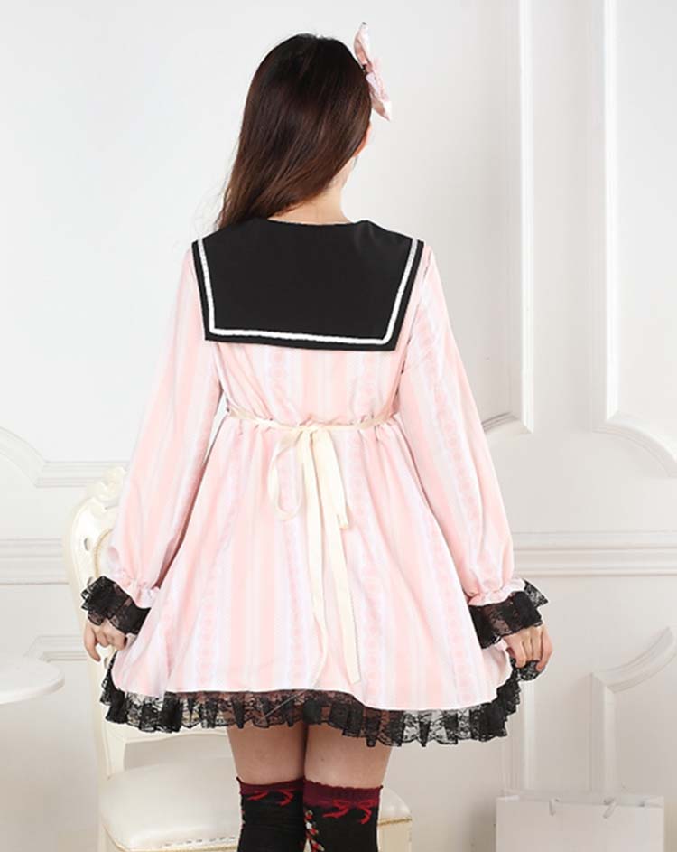 Sweet Lace Pink Navy Collar Print Bow Sweet Lolita Dress JSK