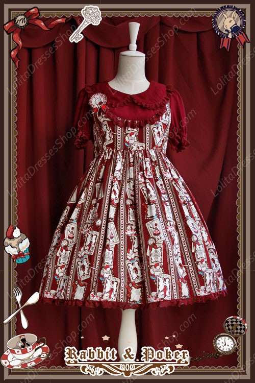 Sweet Cotten High Waist Short Sleeves Rabbit Poker Infanta Lolita OP