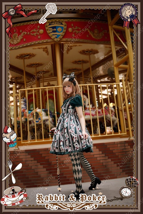 Sweet Cotten High Waist Short Sleeves Rabbit Poker Infanta Lolita OP