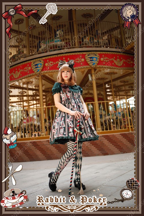 Sweet Cotten High Waist Short Sleeves Rabbit Poker Infanta Lolita OP