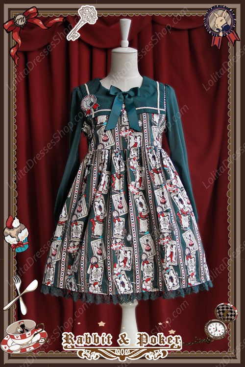 Sweet Cotten High Waist Long Sleeves Rabbit Poker Infanta Lolita OP