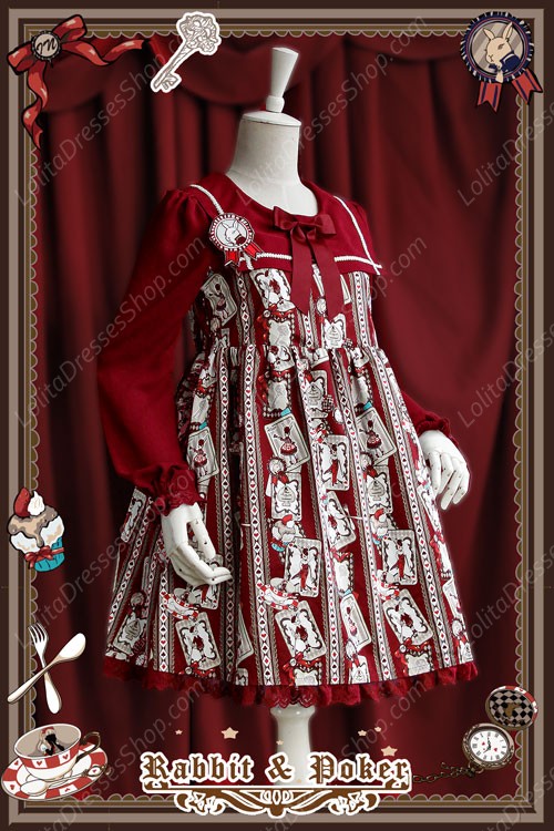 Sweet Cotten High Waist Long Sleeves Rabbit Poker Infanta Lolita OP