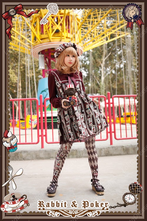 Sweet Cotten High Waist Long Sleeves Rabbit Poker Infanta Lolita OP