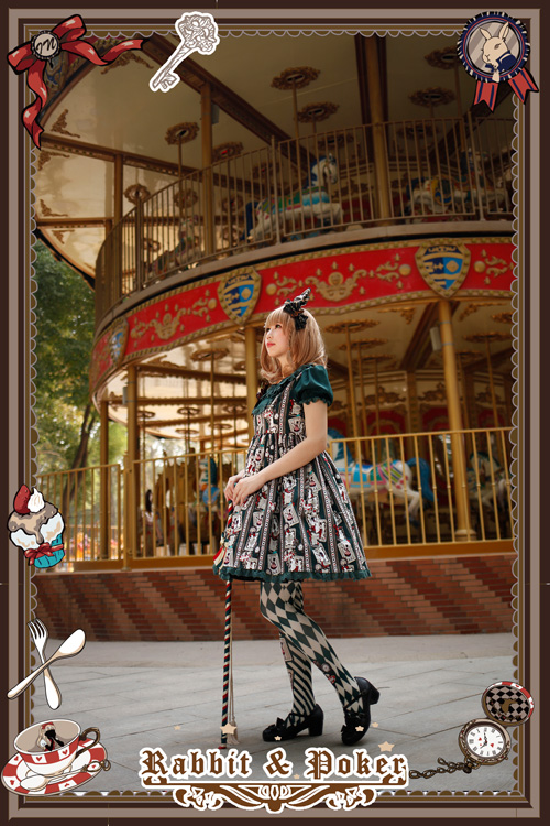 Sweet Cotten Rabbit Poker Infanta Lolita Combination 5 : Dress + Socks + Hair Bow