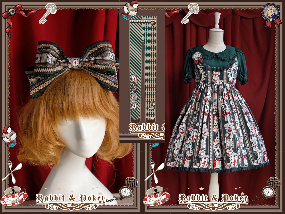Sweet Cotten Rabbit Poker Infanta Lolita Combination 5 : Dress + Socks + Hair Bow