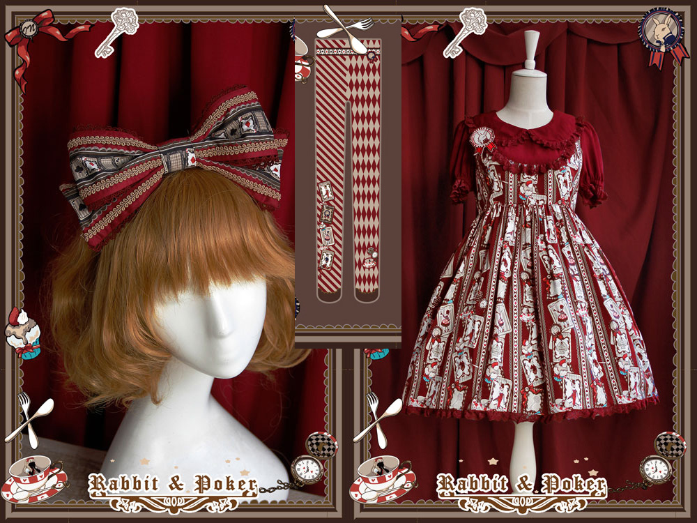 Sweet Cotten Rabbit Poker Infanta Lolita Combination 5 : Dress + Socks + Hair Bow