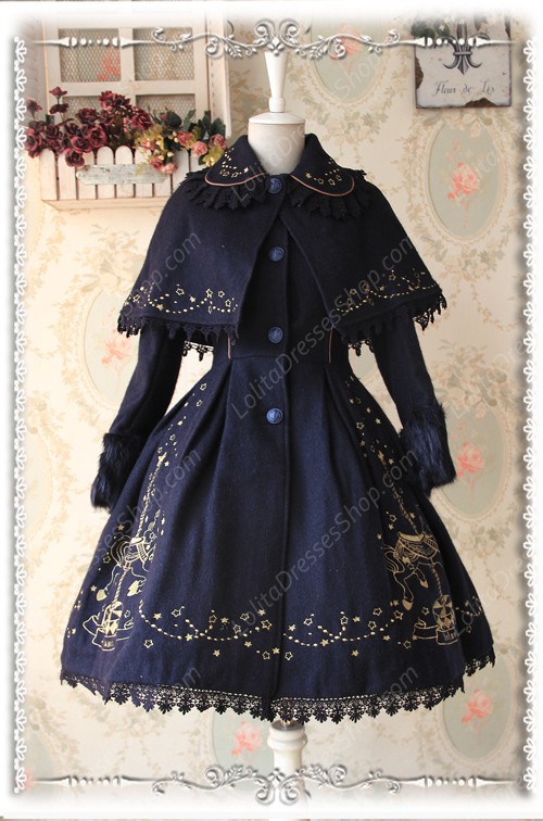 Sweet Cotten Merry Go Round With Gold Embroidered Cashmere Infanta Lolita Cape Coat