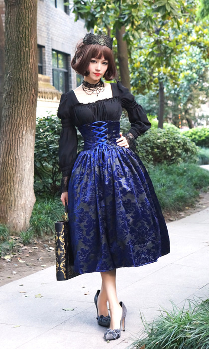 Lady In Darkness Dark Lines Fishbone High Waist Surface Spell Gothic Lolita Half Skirt