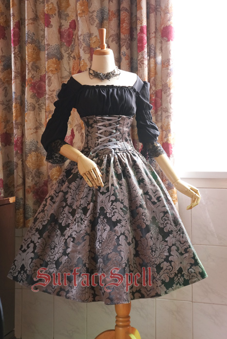 Lady In Darkness Dark Lines Fishbone High Waist Surface Spell Gothic Lolita Half Skirt