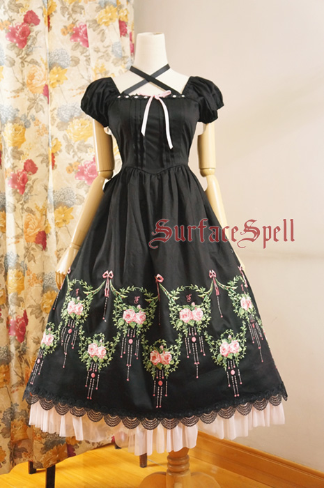 Dancing Roses Original Embroidery Puff-sleeve Surface Spell Gothic Lolita Long Dress