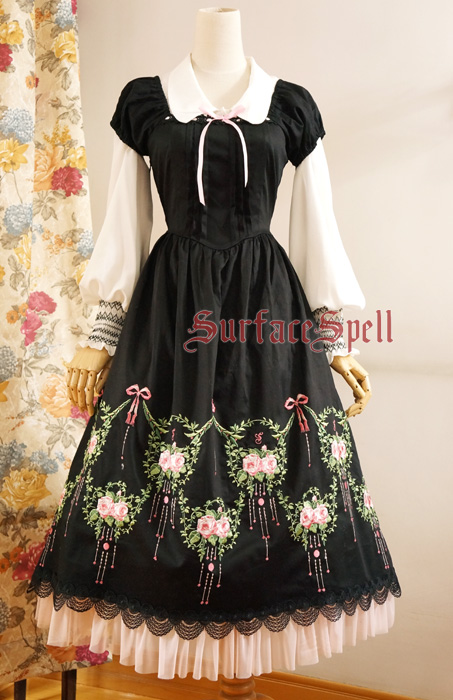 Dancing Roses Original Embroidery Puff-sleeve Surface Spell Gothic Lolita Long Dress