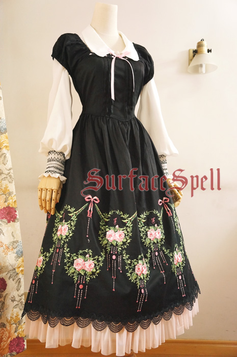 Dancing Roses Original Embroidery Puff-sleeve Surface Spell Gothic Lolita Long Dress