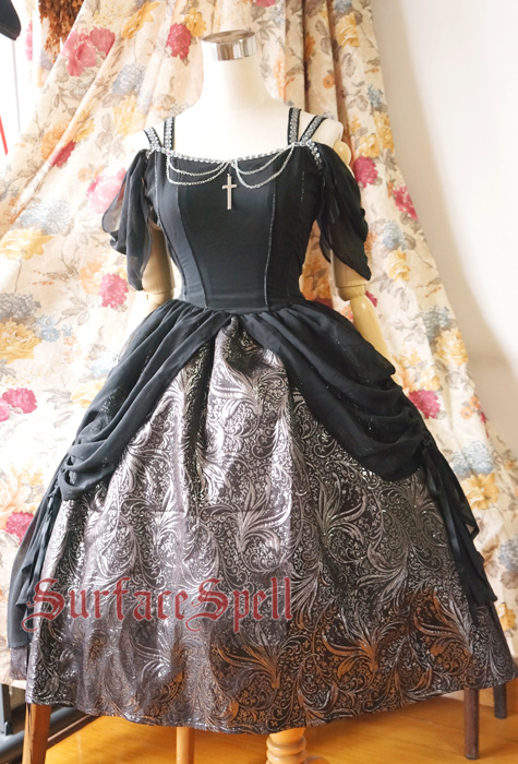 Dark Night Gothic Pulling Hem Chiffon Surface Spell Gothic Lolita Dress