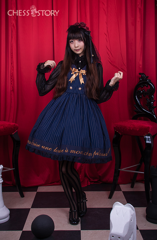 Sweet Cotton College School Style Wine/Navy Blue Stripes Chess Story Lolita Jumper Dress