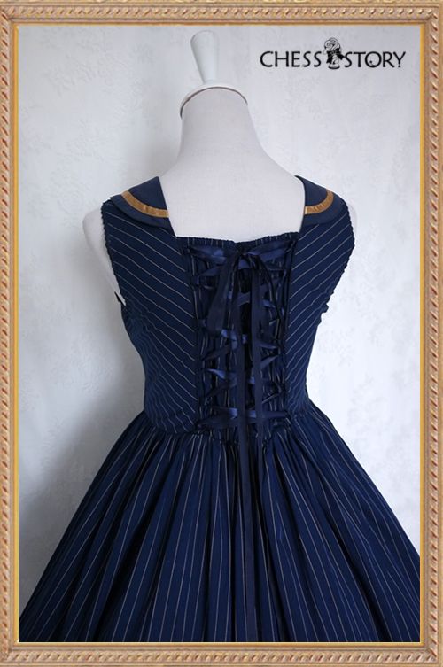 Sweet Cotton College School Style Wine/Navy Blue Stripes Chess Story Lolita Jumper Dress