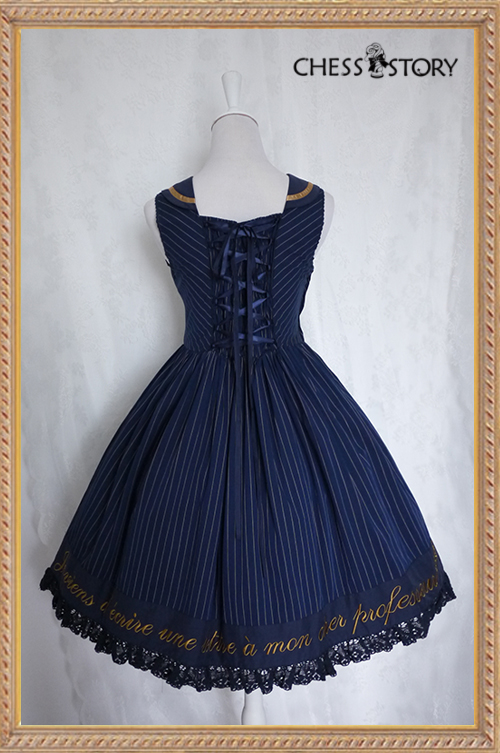 Sweet Cotton College School Style Wine/Navy Blue Stripes Chess Story Lolita Jumper Dress