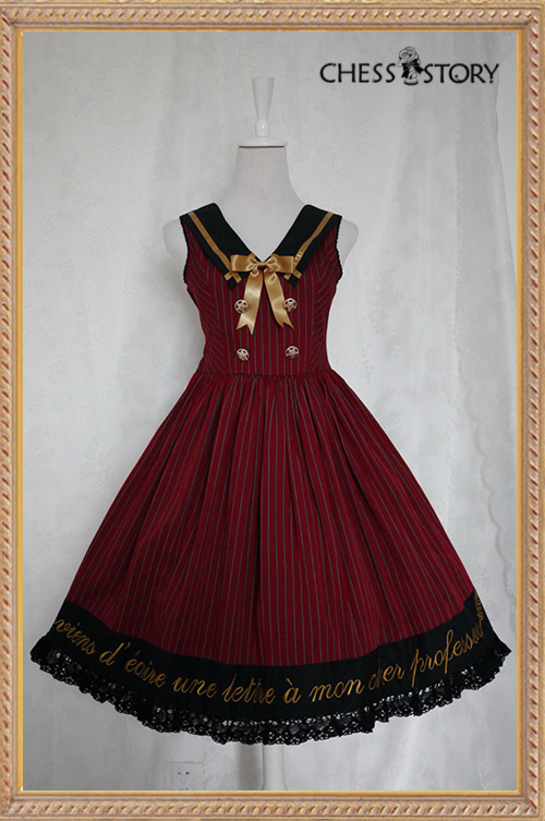 Sweet Cotton College School Style Wine/Navy Blue Stripes Chess Story Lolita Jumper Dress