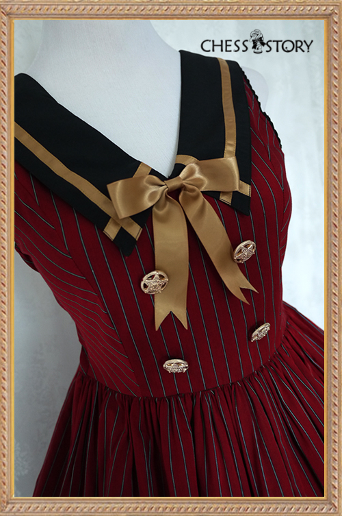Sweet Cotton College School Style Wine/Navy Blue Stripes Chess Story Lolita Jumper Dress