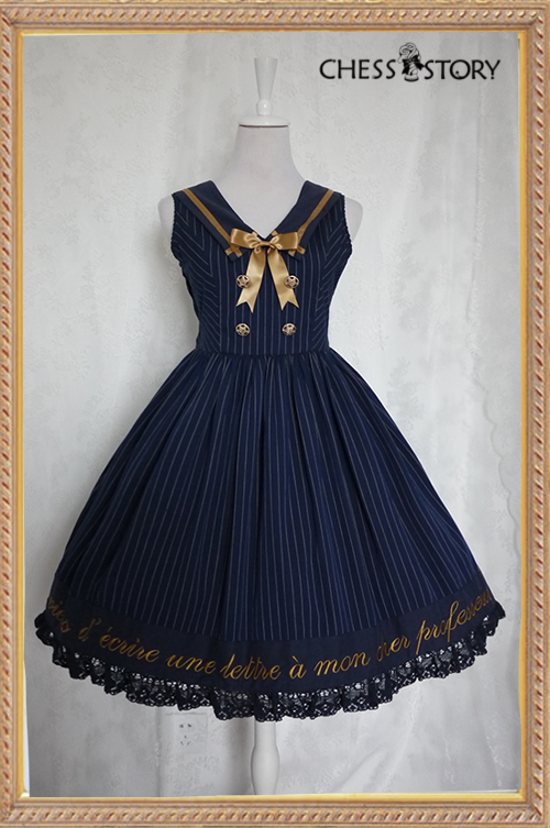 Sweet Cotton College School Style Wine/Navy Blue Stripes Chess Story Lolita Jumper Dress