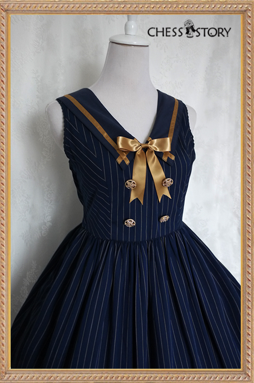 Sweet Cotton College School Style Wine/Navy Blue Stripes Chess Story Lolita Jumper Dress