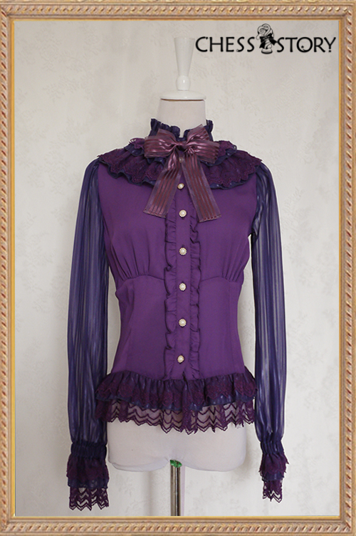 Sweet Chiffon Doll Theater Long Sleeves Purple/Black Chess Story Lolita Blouse