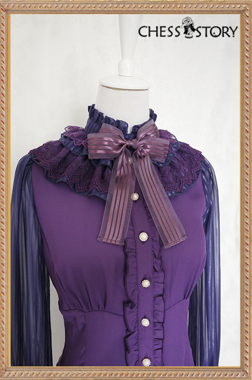 Sweet Chiffon Doll Theater Long Sleeves Purple/Black Chess Story Lolita Blouse