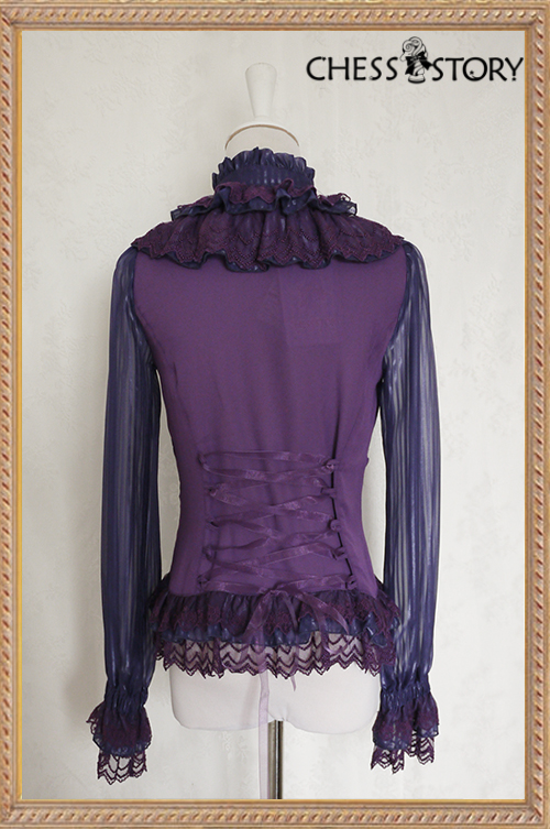 Sweet Chiffon Doll Theater Long Sleeves Purple/Black Chess Story Lolita Blouse