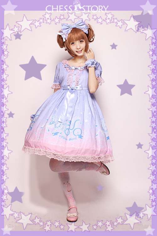 Sweet POLYESTER Dreamy Starry Night Print Chess Story Lolita OP Dress