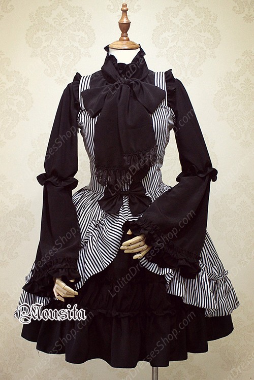 Sweet Cotton Bow Gothic Striped Mousita Lolita Suspender Skirt Two-piece