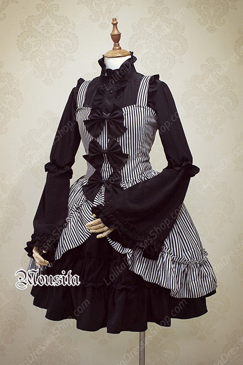 Sweet Cotton Bow Gothic Striped Mousita Lolita Suspender Skirt Two-piece