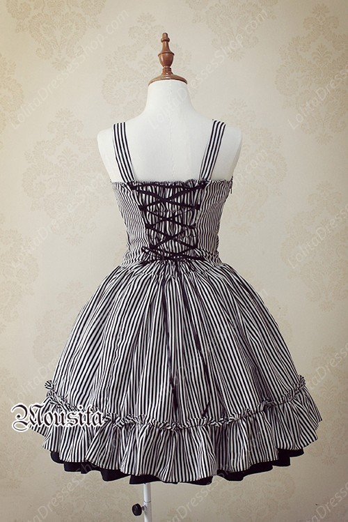 Sweet Cotton Bow Gothic Striped Mousita Lolita Suspender Skirt Two-piece