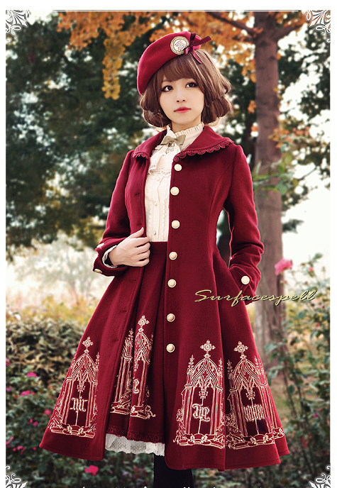 Elegant Gold Silver Embroidery Wool Surface Spell Lolita Winter Long Jacket