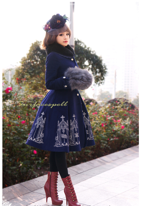 Elegant Gold Silver Embroidery Wool Surface Spell Lolita Winter Long Jacket