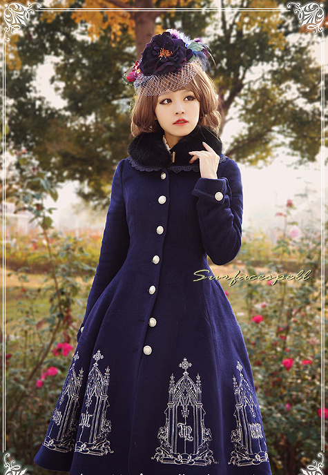 Elegant Gold Silver Embroidery Wool Surface Spell Lolita Winter Long Jacket