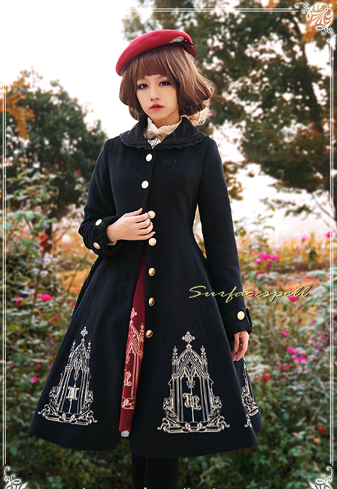 Elegant Gold Silver Embroidery Wool Surface Spell Lolita Winter Long Jacket