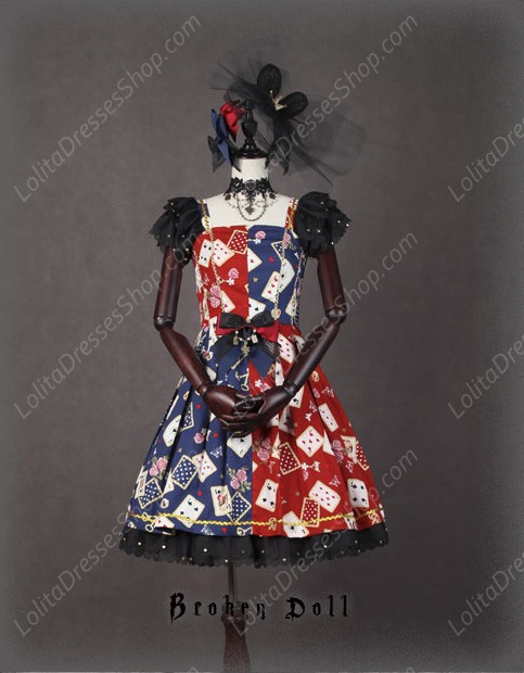 Broken Doll Poker Face Red And Blue Splicing Classical Puppets Dress