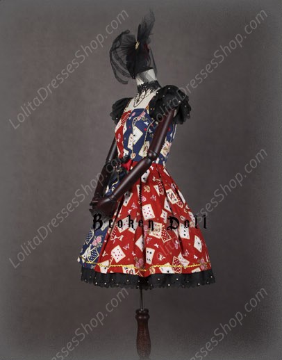 Broken Doll Poker Face Red And Blue Splicing Classical Puppets Dress